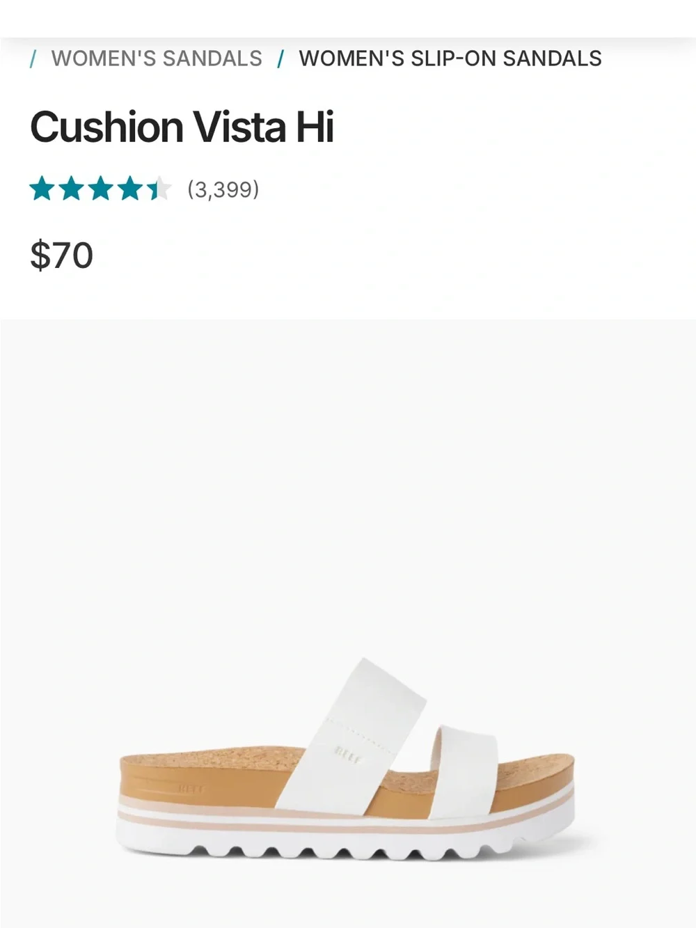 Reef Women’s Cushion Vista Hi Platform sandals in white - cork footbed. Size 7